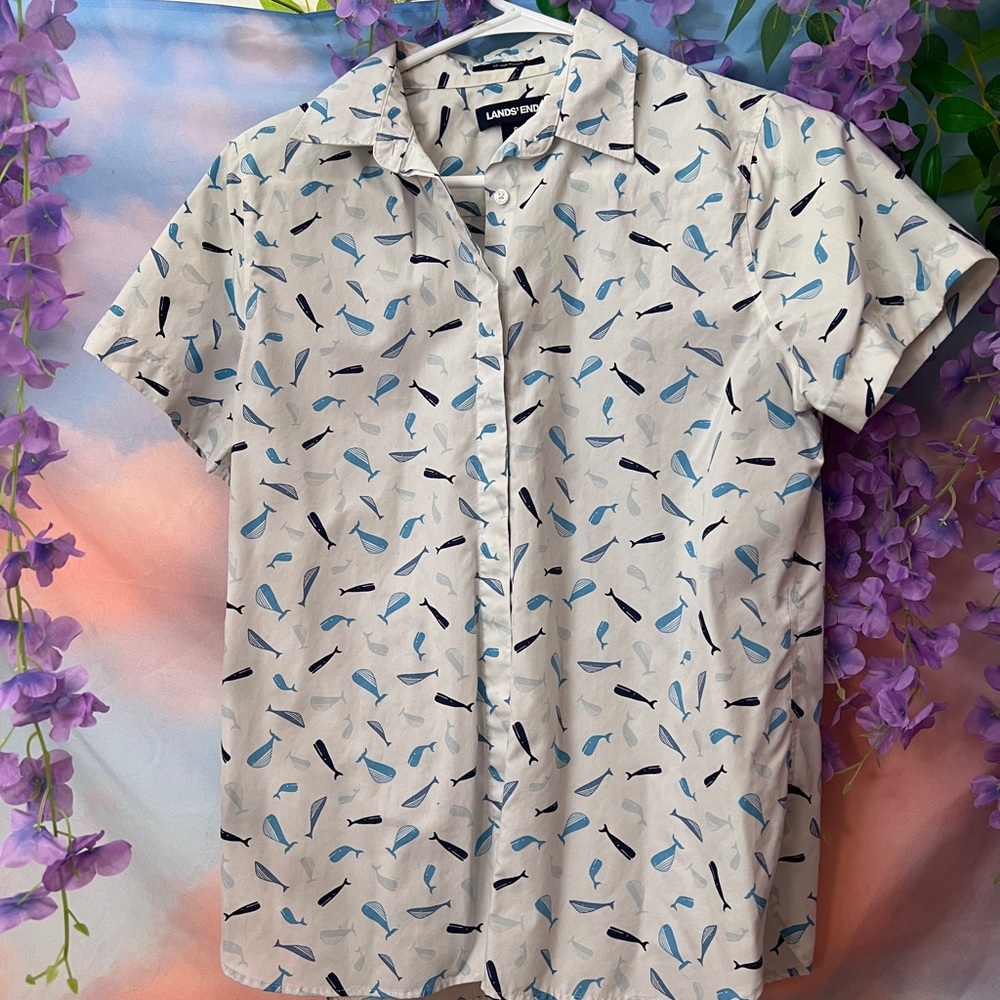 Lands' End Men's Blue Patterned Shirt